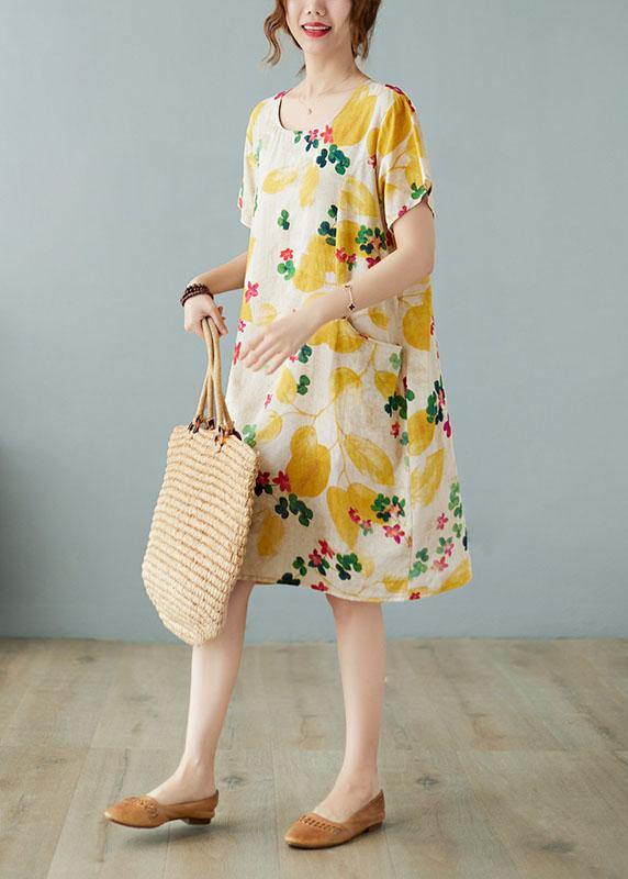 Simple Yellow O Neck Print Dress Cotton Linen Summer - SooLinen