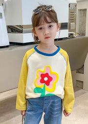 Simple Yellow O Neck Print Patchwork Cotton Girls Blouses Spring