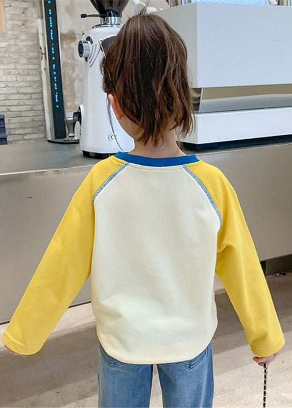 Simple Yellow O Neck Print Patchwork Cotton Girls Blouses Spring