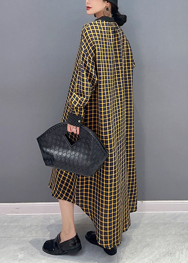 Simple Yellow Oversized Plaid Cotton Long Dresses Spring