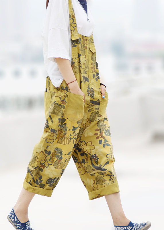 Simple Yellow Oversized Print Cotton Denim Jumpsuits Spring