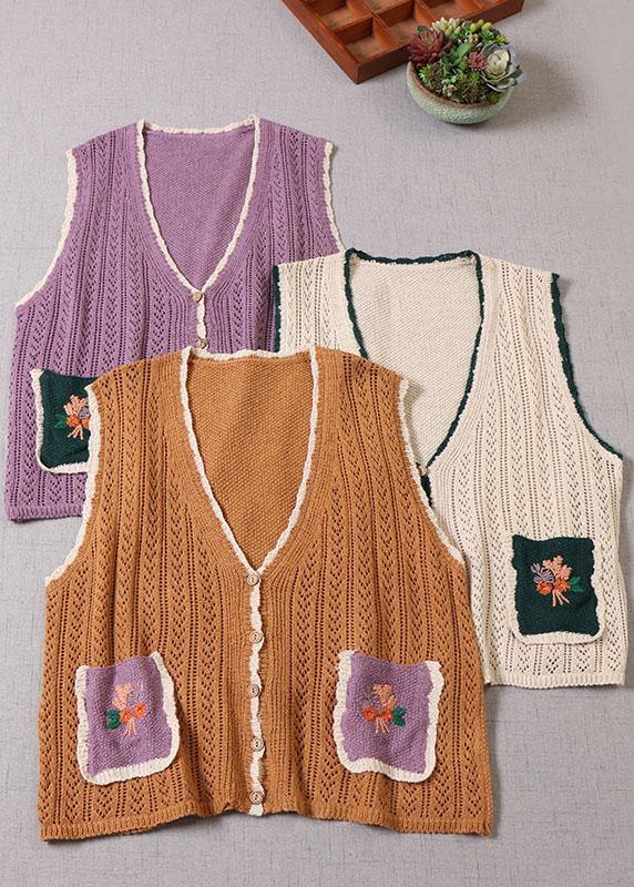 Simple Yellow Pockets Button Embroideried Fall Knit Vest - SooLinen
