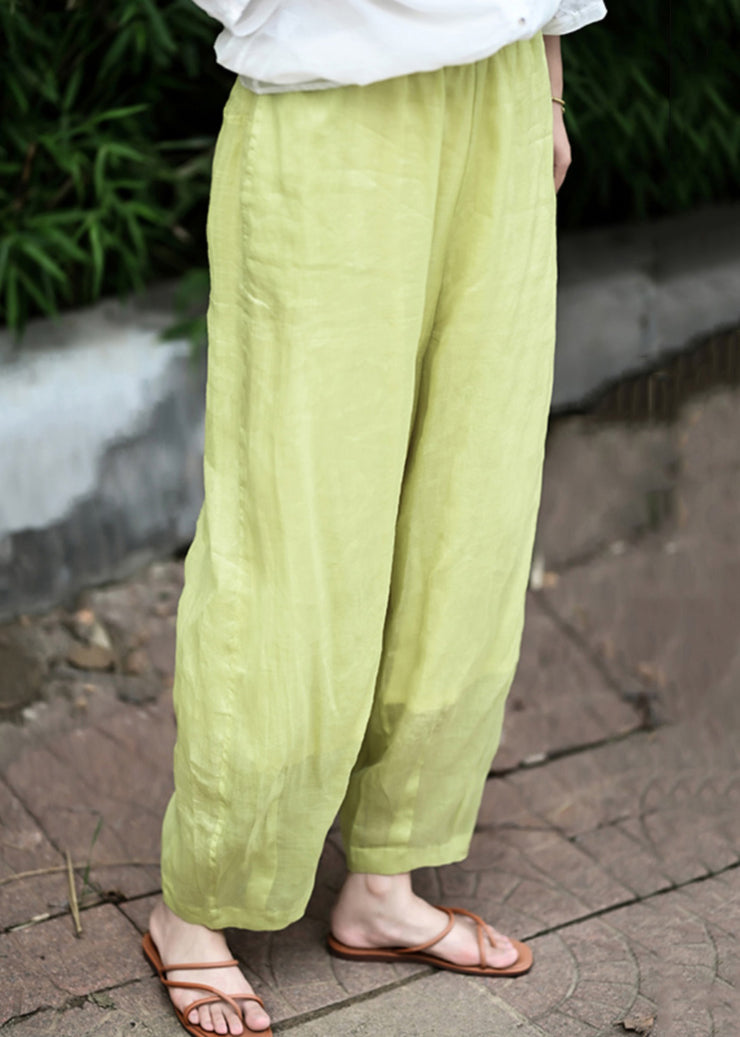 Simple Yellow Pockets Elastic Waist Cotton Crop Pants Spring