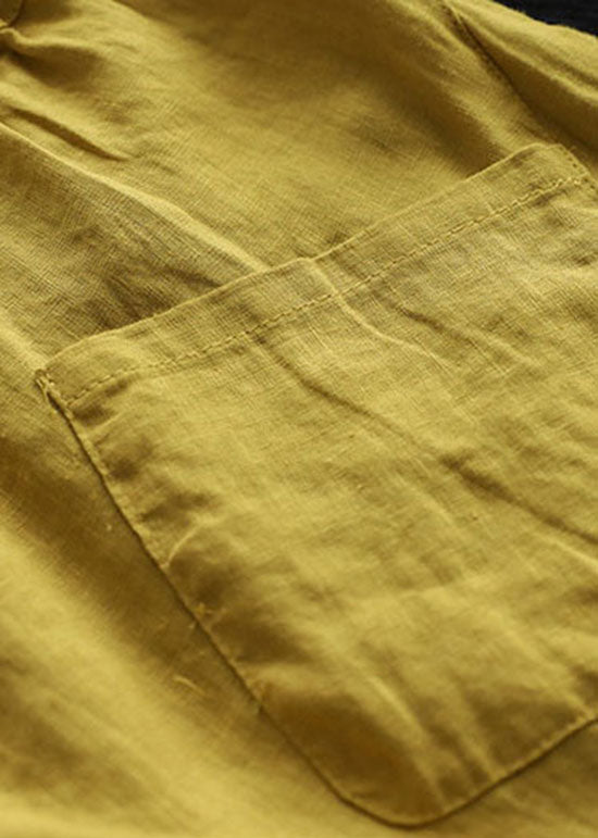 Simple Yellow Pockets Patchwork Linen Crop Pants Summer