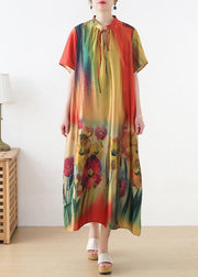 Simple Yellow Print Chiffon Tie Summer Robe Dresses - SooLinen