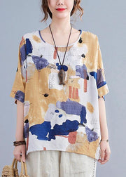Simple Yellow Print Cotton Linen Shirt Top Summer - SooLinen