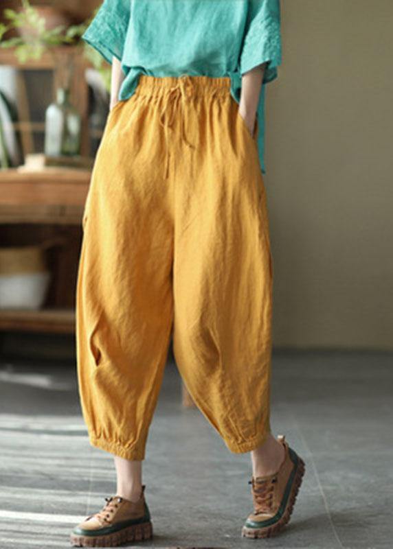 Simple Yellow Retro High Waist Pockets Summer Pants Linen - SooLinen