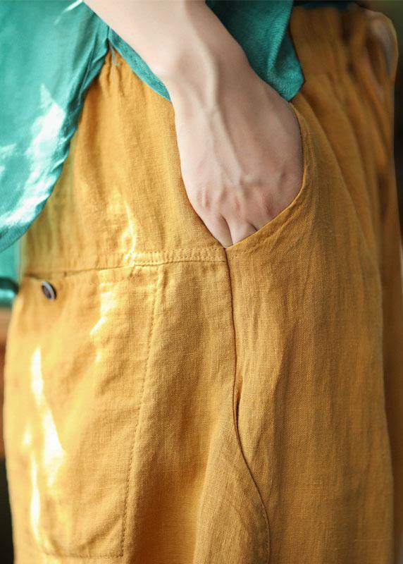 Simple Yellow Retro High Waist Pockets Summer Pants Linen - SooLinen
