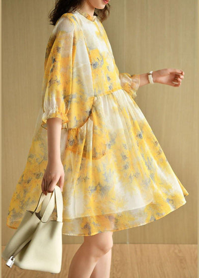 Simple Yellow Ruffled Print Pockets Summer Chiffon Vacation Dress Half Sleeve - SooLinen