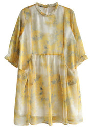 Simple Yellow Ruffled Print Pockets Summer Chiffon Vacation Dress Half Sleeve - SooLinen