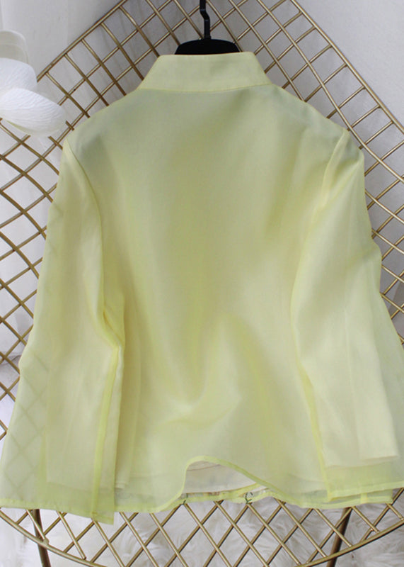 Simple Yellow Stand Collar Embroidered Floral Chiffon Coat Long Sleeve