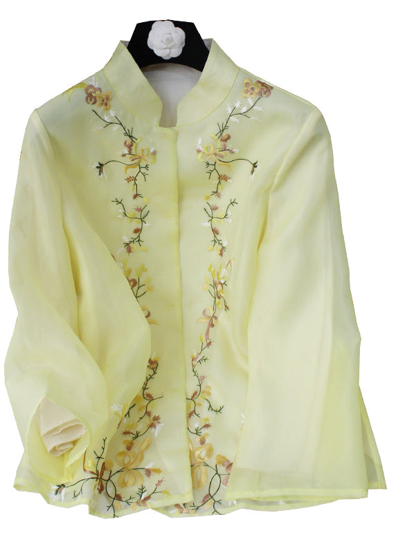 Simple Yellow Stand Collar Embroidered Floral Chiffon Coat Long Sleeve