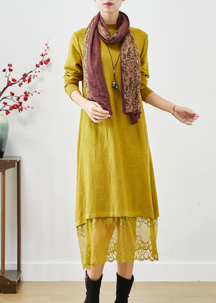 Simple Yellow Stand Collar Lace Patchwork Knit Long Dress Fall