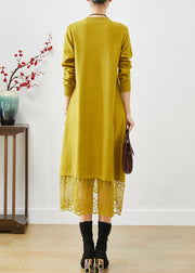 Simple Yellow Stand Collar Lace Patchwork Knit Long Dress Fall