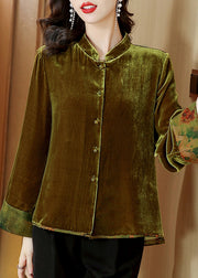 Simple Yellow Stand Collar Patchwork Button Silk Velour Coat Fall