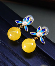 Simple Yellow Sterling Silver Pearl Amber Beeswax Drop Earrings