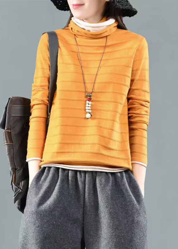Simple Yellow Turtleneck Patchwork False Two Pieces Knitting Cotton Fall