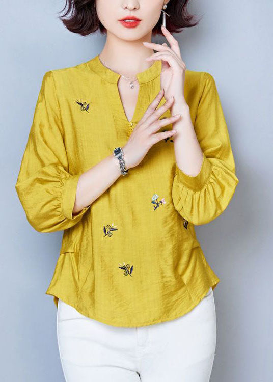 Simple Yellow V Neck Embroidered Patchwork Cotton Tops Summer