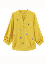 Simple Yellow V Neck Embroidered Patchwork Cotton Tops Summer