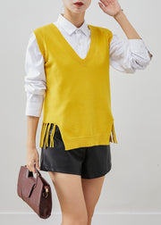 Simple Yellow V Neck Tasseled Knit Vest Tops Fall