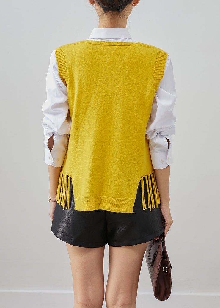 Simple Yellow V Neck Tasseled Knit Vest Tops Fall