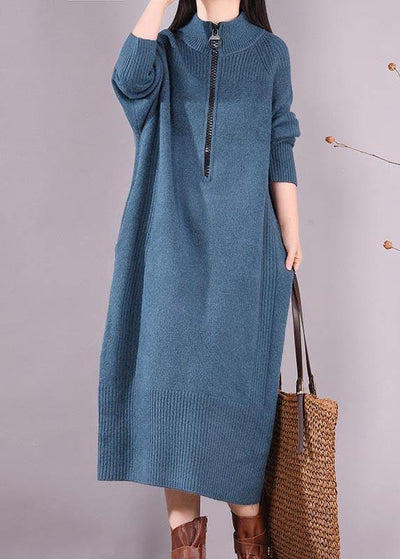 Simple Zippered Pockets Spring Clothes For Women Work Outfits Blue Robes Dresses - SooLinen
