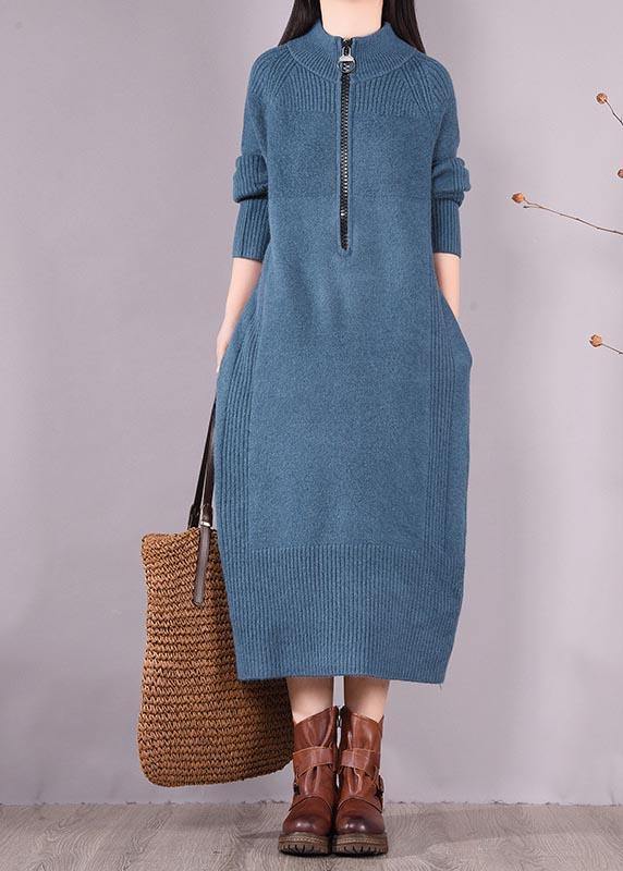 Simple Zippered Pockets Spring Clothes For Women Work Outfits Blue Robes Dresses - SooLinen