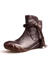 Simple Zippered Splicing Tassel Boots Brown Cowhide Leather