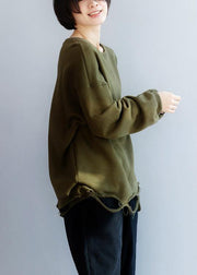 Simple army green cotton shirts women Hole hem Plus Size Clothing o neck shirts - SooLinen