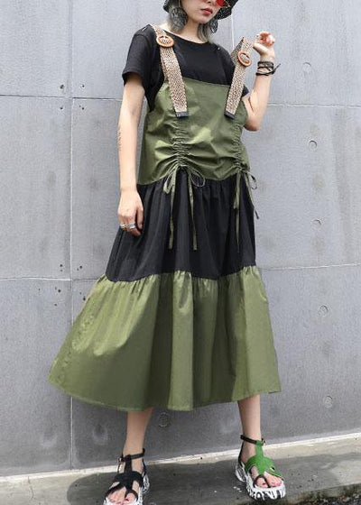Simple army green sleeveless cotton Long Shirts drawstring Robe summer Dress - SooLinen