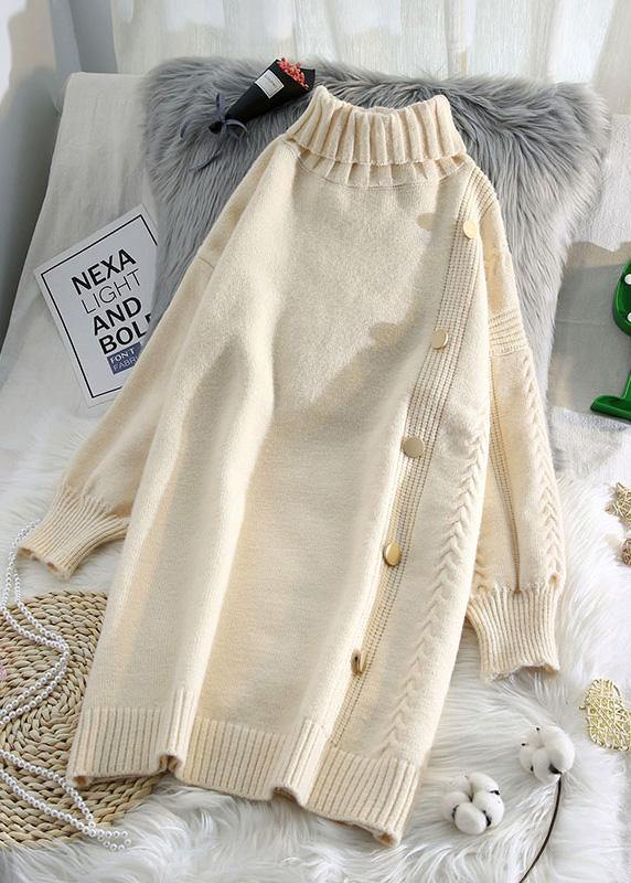 Simple beige Sweater dress outfit Refashion spring Largo high neck sweater dress - SooLinen