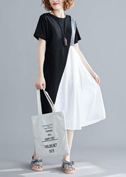 Simple black Cotton quilting clothes o neck patchwork Plus Size summer Dress - SooLinen