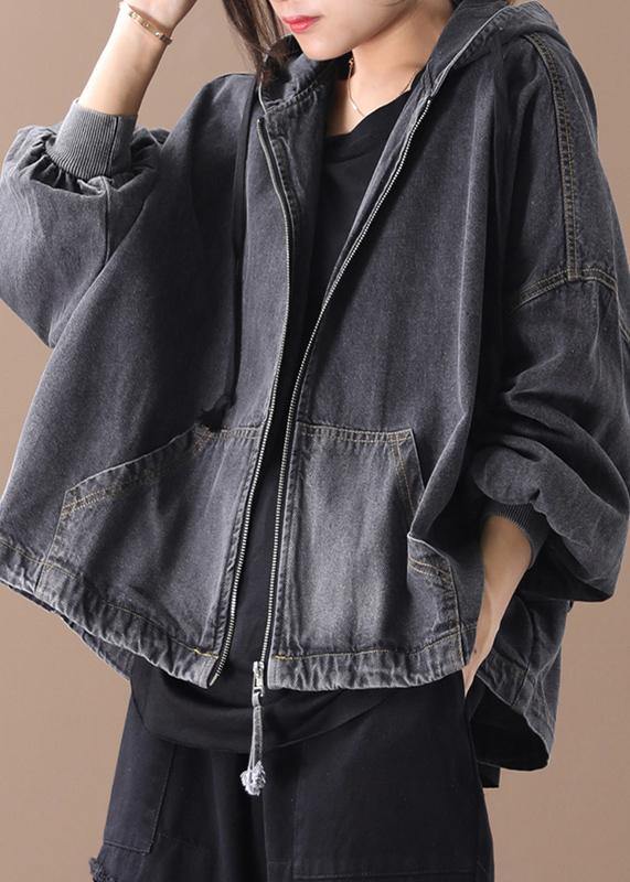 Simple black Fine tunics for women Neckline hooded zippered women coats - SooLinen