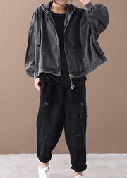 Simple black Fine tunics for women Neckline hooded zippered women coats - SooLinen