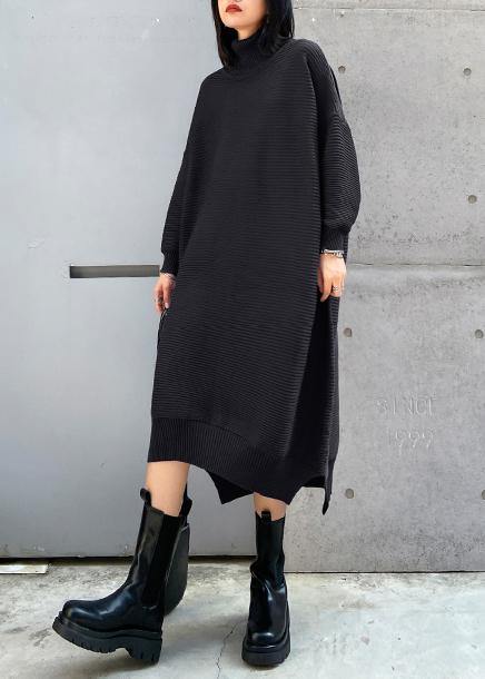 Simple black Sweater outfits Largo high neck low high design Art fall knit dress - SooLinen