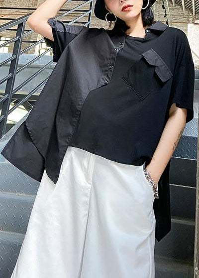 Simple black Tunic asymmetric patchwork tunic shirts - SooLinen