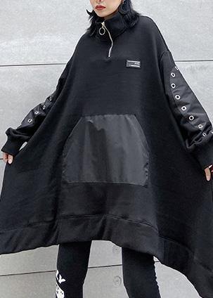 Simple black cotton clothes For Women asymmetric silhouette stand collar blouses - SooLinen