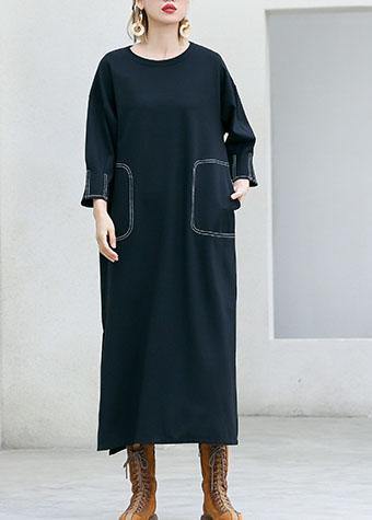 Simple black cotton clothes For Women side open Traveling fall Dresses - SooLinen
