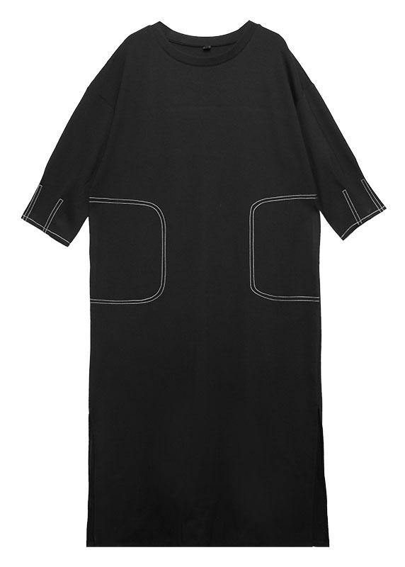 Simple black cotton clothes For Women side open Traveling fall Dresses - SooLinen