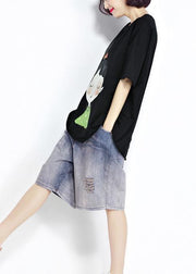 Einfache schwarze Baumwollkleidung für Frauen mit feinem Ärmel, O-Ausschnitt, Kurzarm, kurzes Sommerhemd