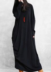 Simple black cotton clothes asymmetric cotton robes wild Dress - SooLinen