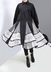 Simple black cotton clothes big hem Maxi patchwork shirt Dress - SooLinen