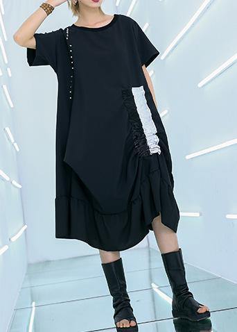 Simple black cotton quilting clothes drawstring cotton summer Dresses - SooLinen