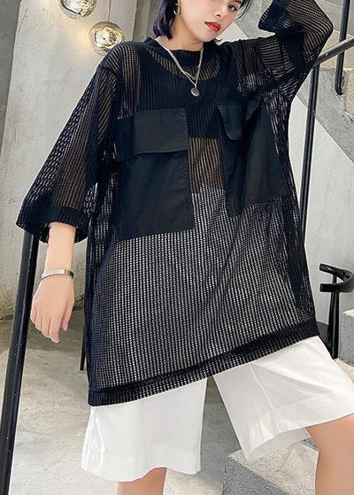 Simple black cotton tops women o neck half sleeve Plus Size Clothing shirt - SooLinen