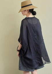 Simple black cotton tunic pattern o neck Ruffles Plus Size Clothing blouses - SooLinen