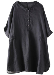 Simple black cotton tunic pattern o neck Ruffles Plus Size Clothing blouses - SooLinen