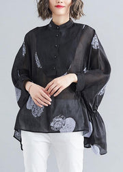 Simple black dotted linen linen tops women o neck asymmetric cotton summer top - SooLinen
