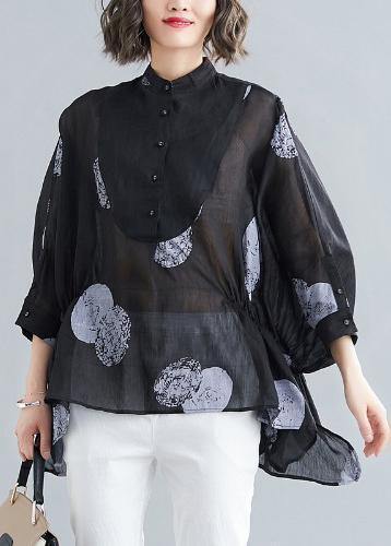 Simple black dotted linen linen tops women o neck asymmetric cotton summer top - SooLinen