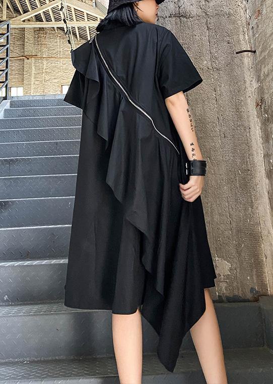 Simple black dress lapel zippered baggy asymmetric Dresses - SooLinen