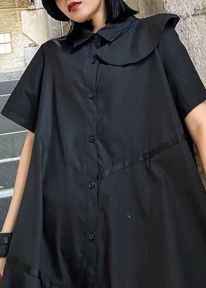 Simple black dress lapel zippered baggy asymmetric Dresses - SooLinen